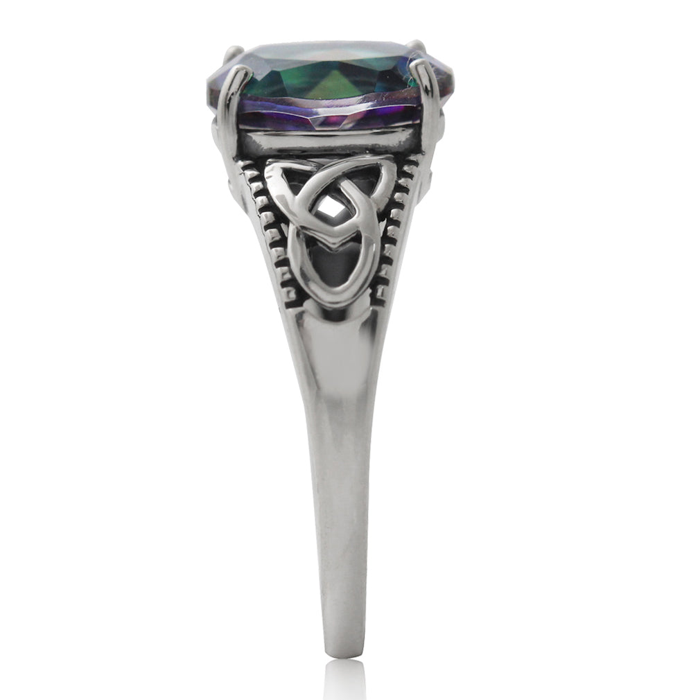 3.04ct. Mystic Fire Topaz 925 Sterling Silver Triquetra Celtic Knot Solitaire Ring - Silvershake-store