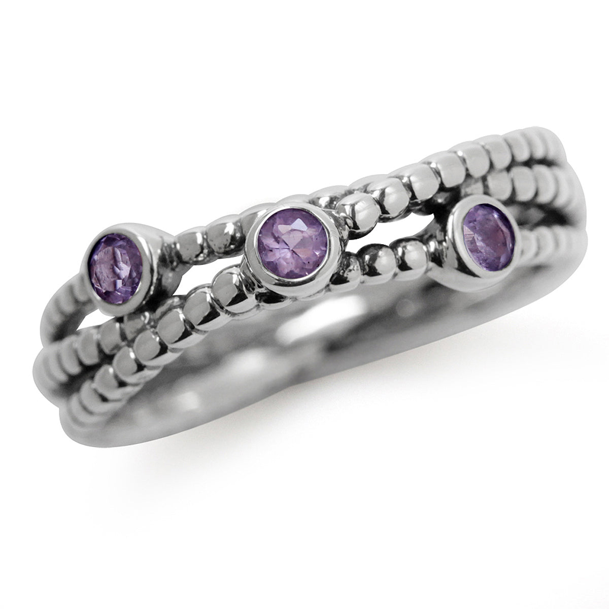 3-Stone Natural Amethyst White Gold Plated 925 Sterling Silver Stack/Stackable Ribbon Ring silvershake