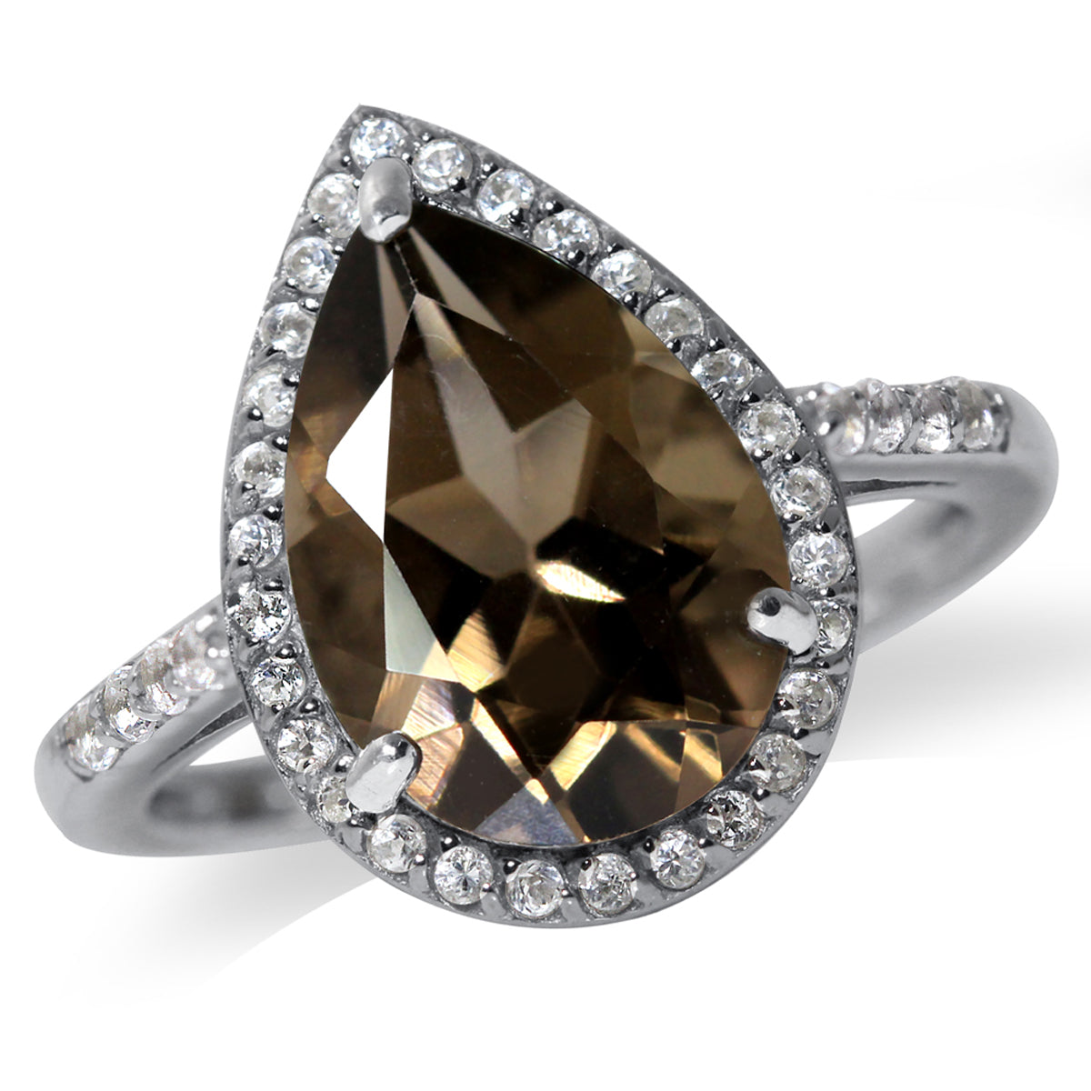 3.93ct. 14x9MM Natural Pear Shape Smoky Quartz & White Topaz 925 Sterling Silver Cocktail Ring silvershake