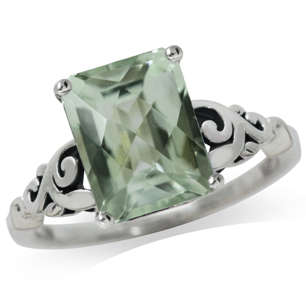 2.98ct. Natural Green Amethyst 925 Sterling Silver Filigree Solitaire Ring - Silvershake-store