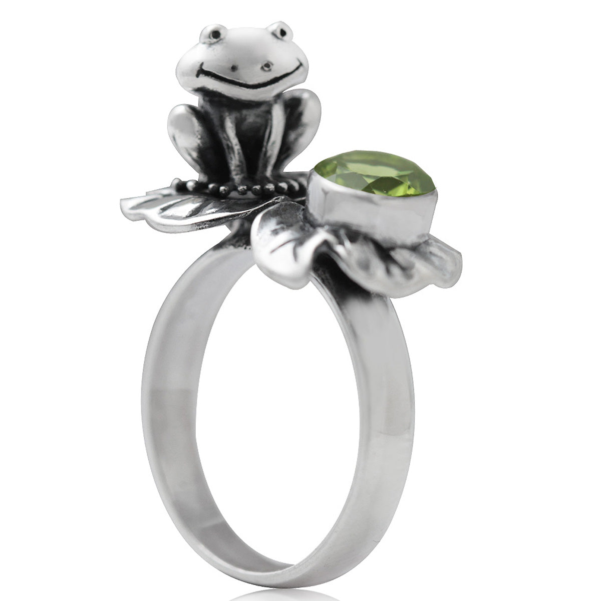 Natural Peridot 925 Sterling Silver Lotus Leaf and Frog Ring