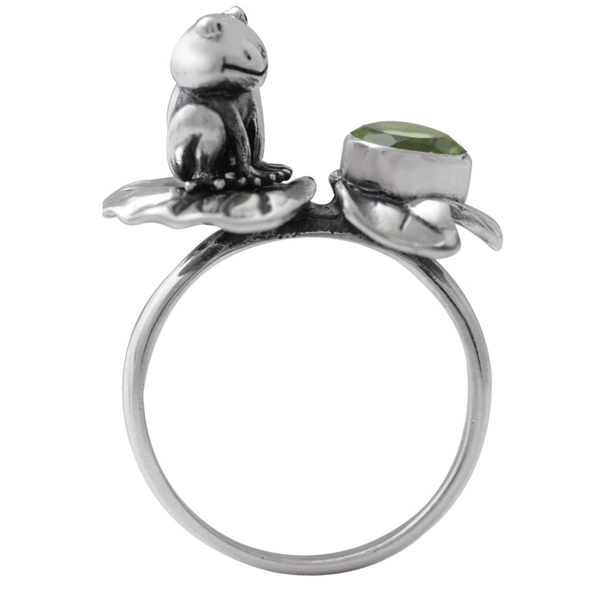 Natural Peridot 925 Sterling Silver Lotus Leaf and Frog Ring