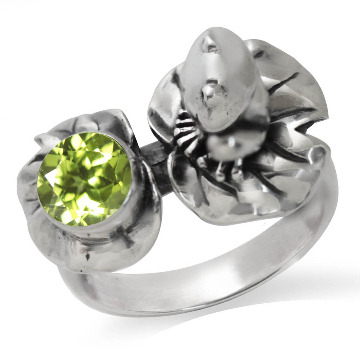 Natural Peridot 925 Sterling Silver Lotus Leaf and Frog Ring