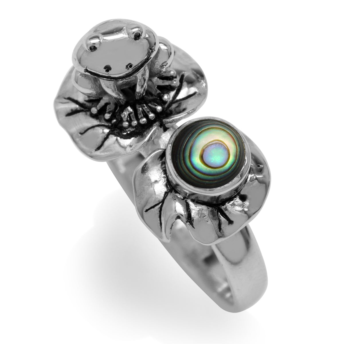 Abalone/Paua Shell 925 Sterling Silver Lotus Leaf & Frog Ring silvershake
