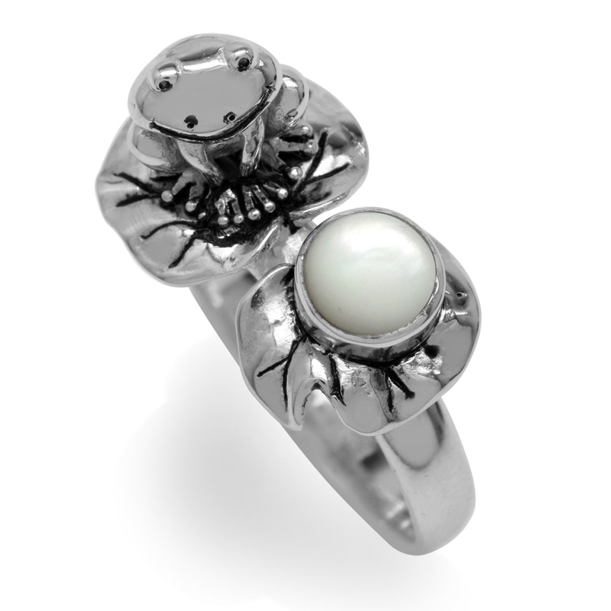 White Mother of Pearl (MOP) 925 Sterling Silver Lotus Leaf & Frog Ring silvershake