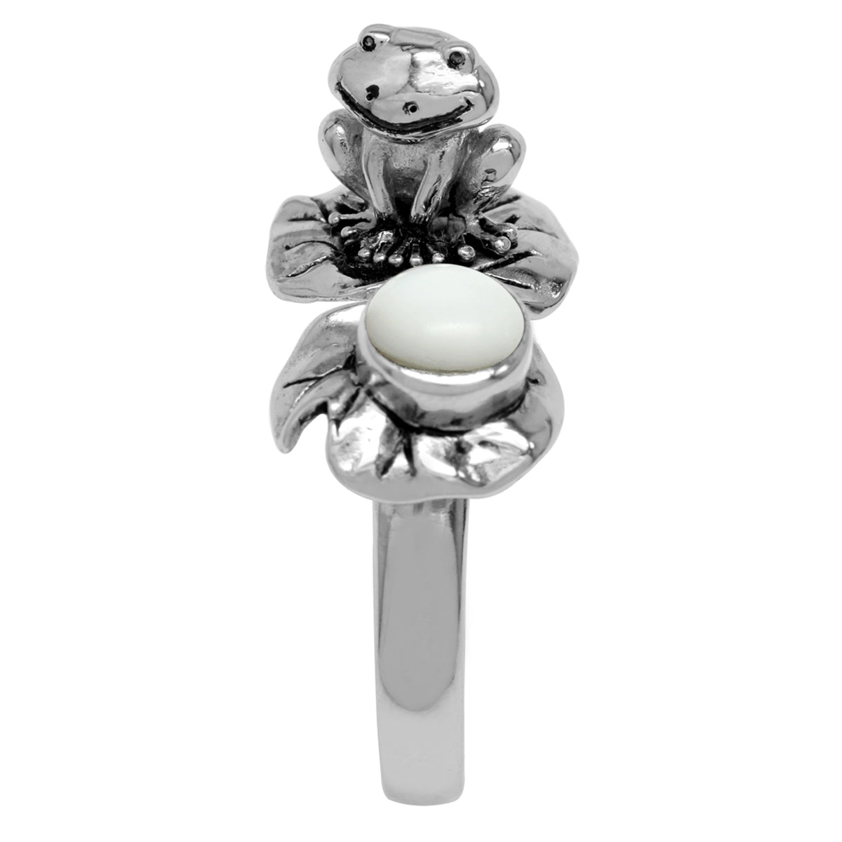 White Mother of Pearl (MOP) 925 Sterling Silver Lotus Leaf & Frog Ring silvershake