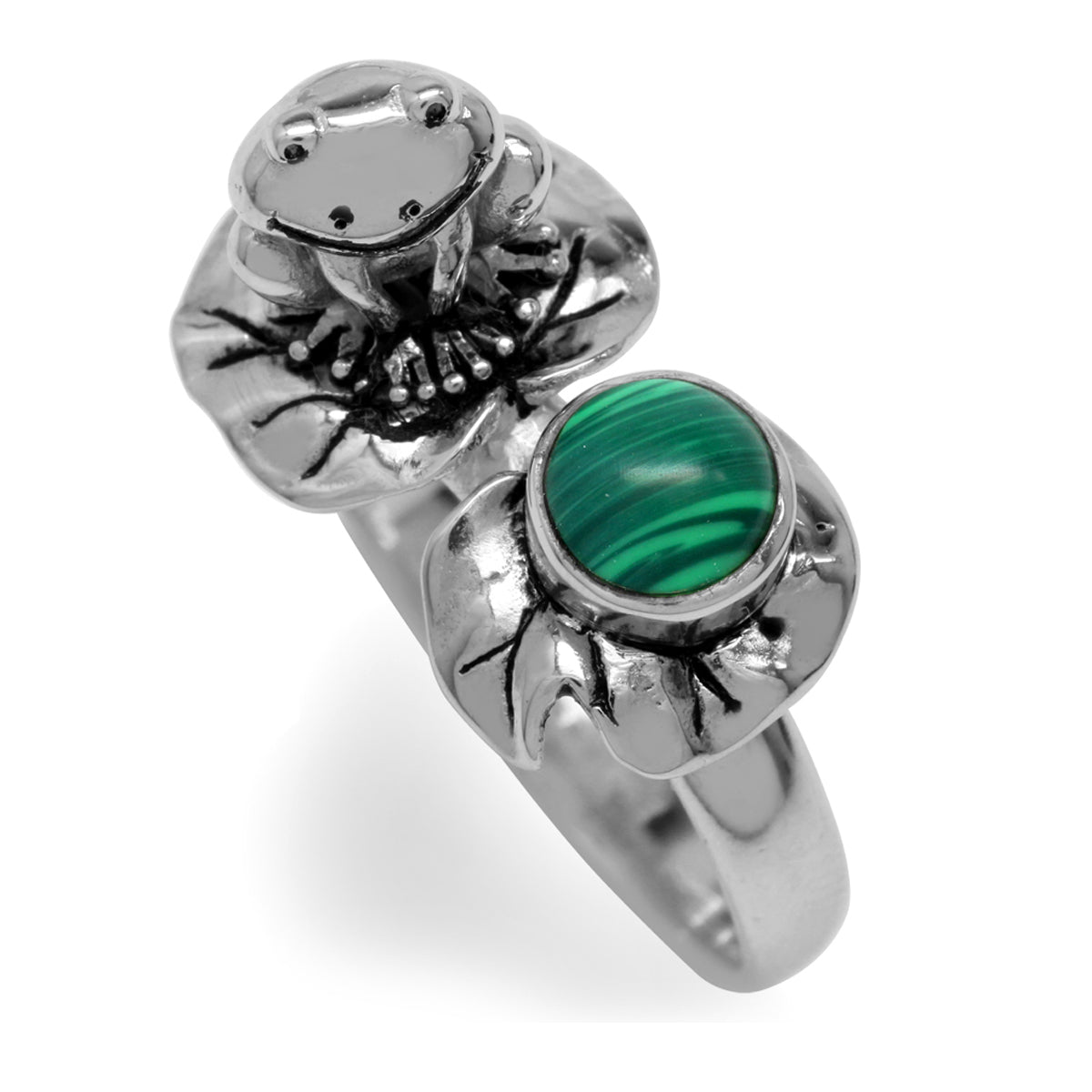 Created Malachite 925 Sterling Silver Lotus Leaf & Frog Ring silvershake