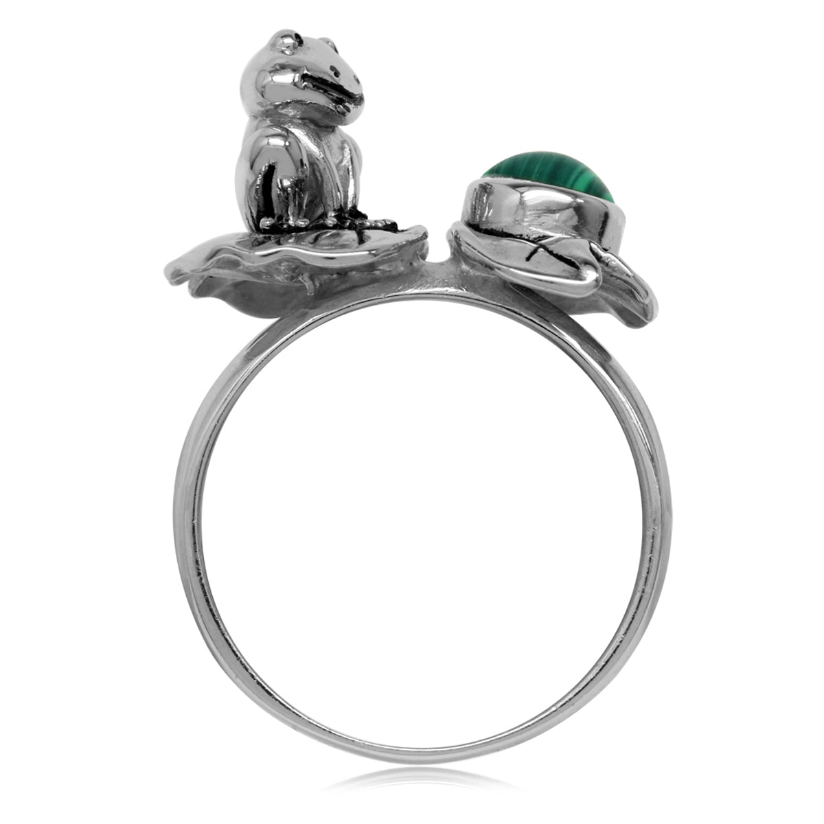 Created Malachite 925 Sterling Silver Lotus Leaf & Frog Ring silvershake