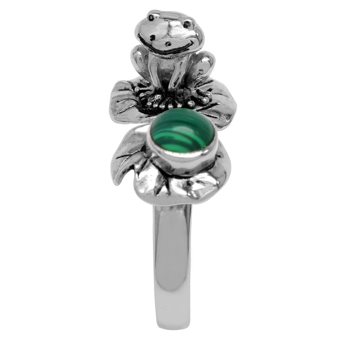 Created Malachite 925 Sterling Silver Lotus Leaf & Frog Ring silvershake