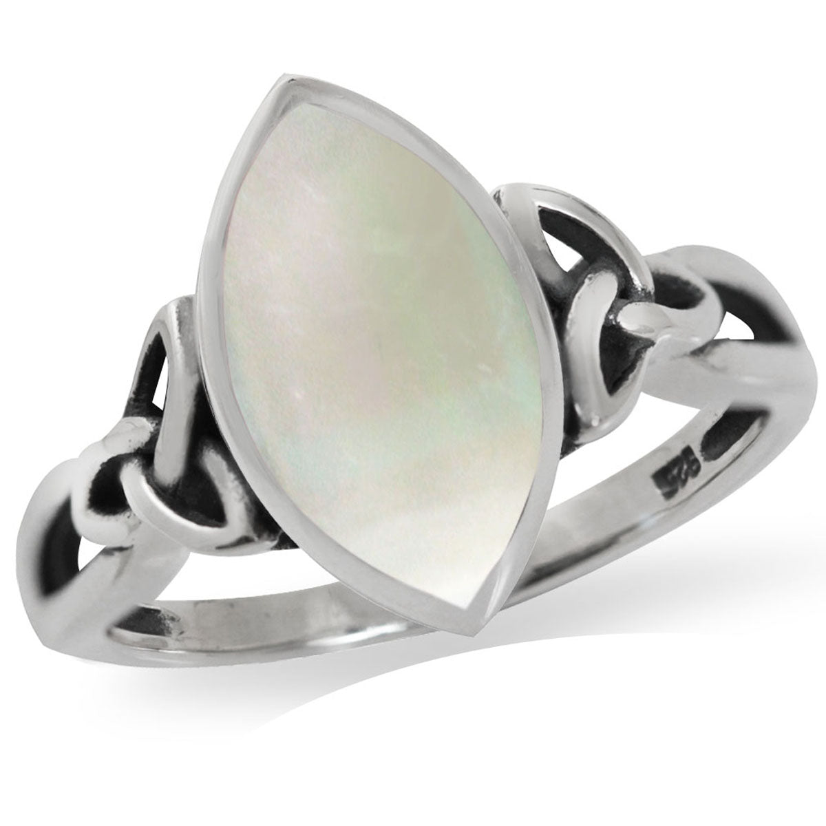 White Mother of Pearl (MOP) 925 Sterling Silver Triquetra Celtic Knot Solitaire Ring silvershake