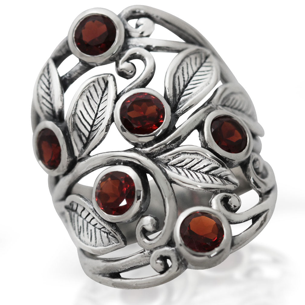 2.16ct. Natural Garnet 925 Sterling Silver Filigree Leaf Ring - Silvershake-store