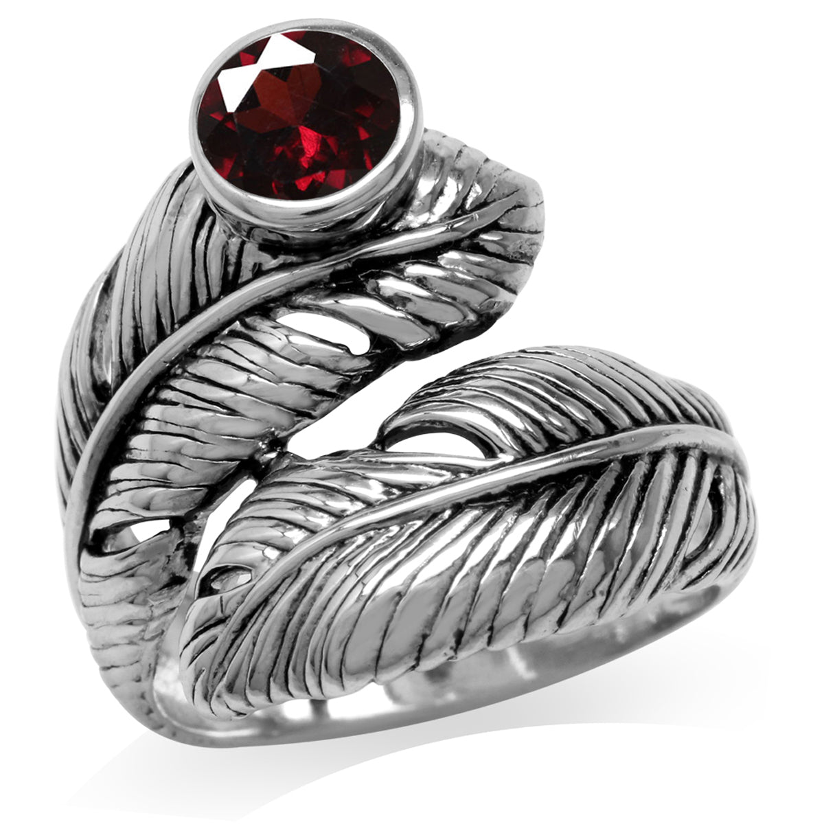 Natural Garnet 925 Sterling Silver Bypass Feather Ring