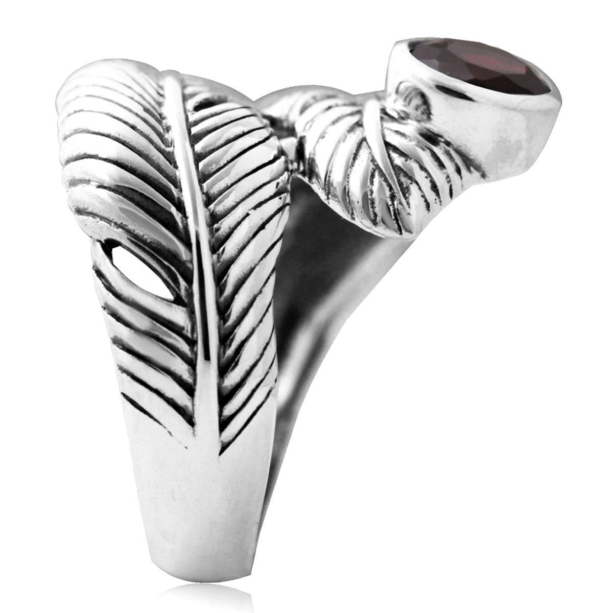 Natural Garnet 925 Sterling Silver Bypass Feather Ring