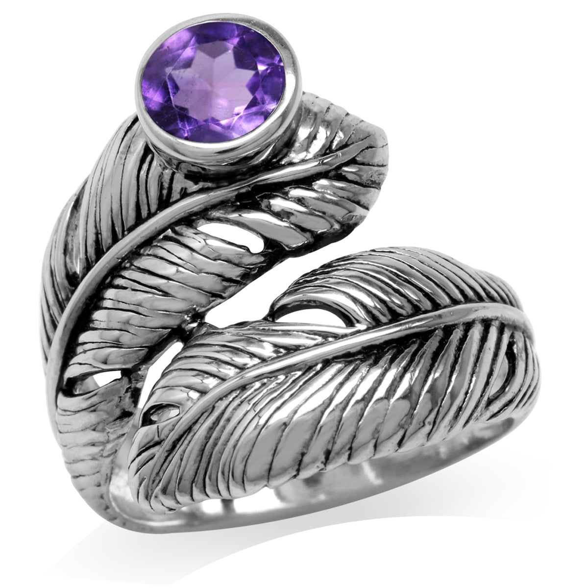 Natural Amethyst 925 Sterling Silver Bypass Feather Ring silvershake