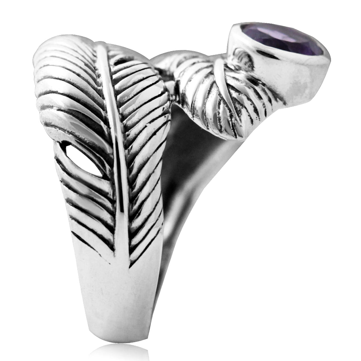 Natural Amethyst 925 Sterling Silver Bypass Feather Ring silvershake