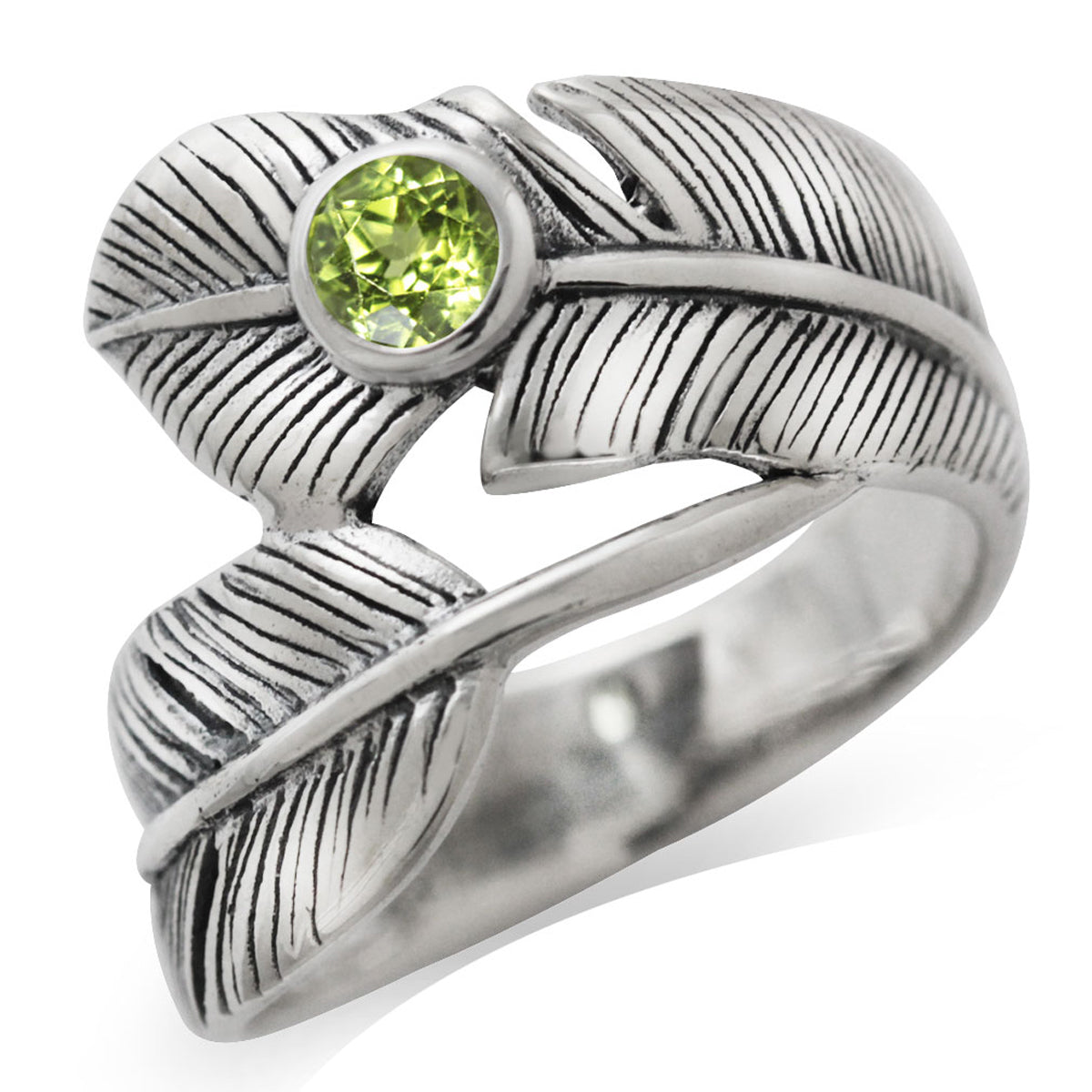 Natural Peridot 925 Sterling Silver Bypass Feather Ring