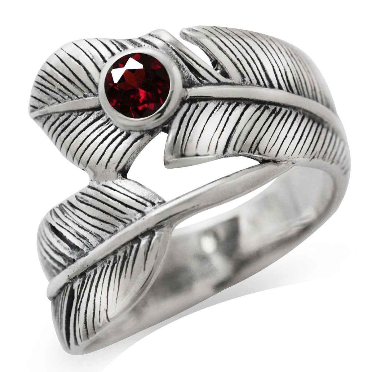 Natural Garnet 925 Sterling Silver Bypass Feather Ring