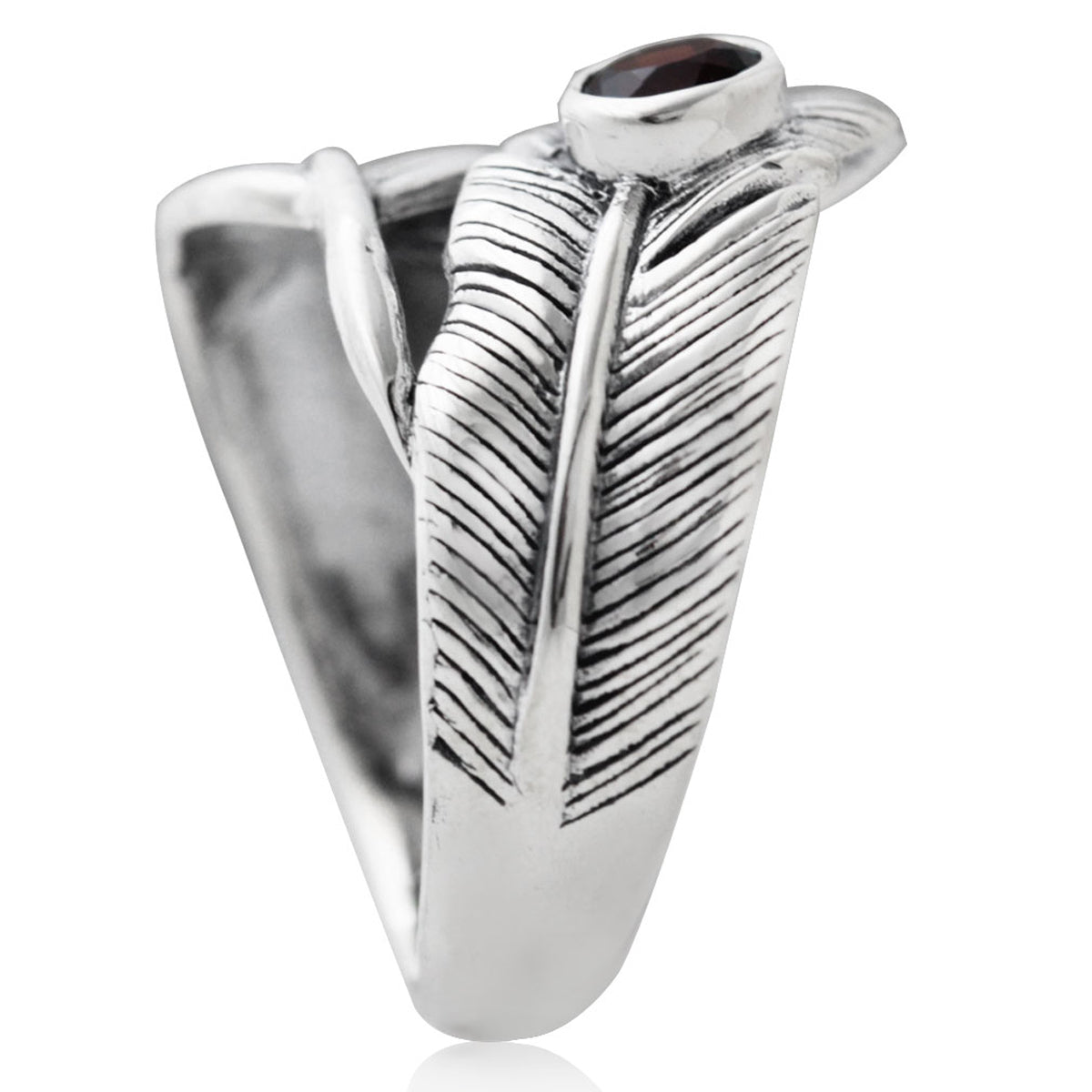 Natural Garnet 925 Sterling Silver Bypass Feather Ring