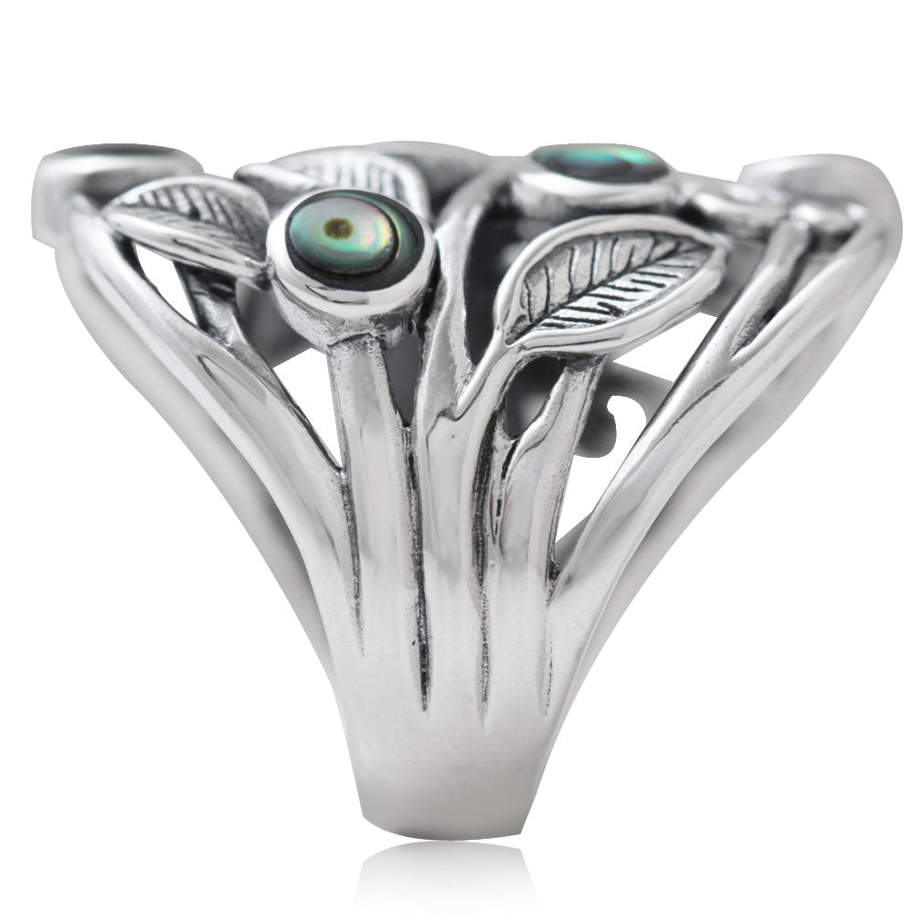 Abalone Paua Shell 925 Sterling Silver Filigree Leaf Ring - Silvershake-store