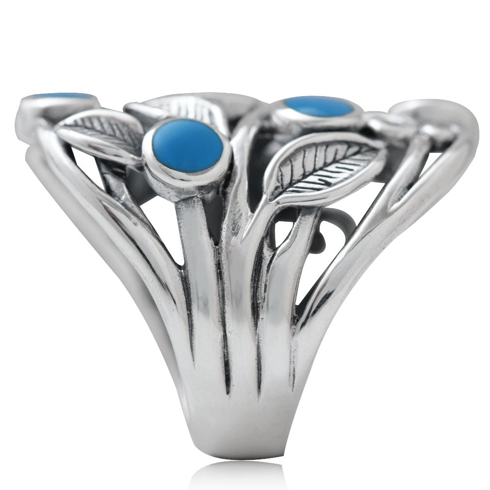 Created Blue Turquoise 925 Sterling Silver Filigree Leaf Ring - Silvershake-store