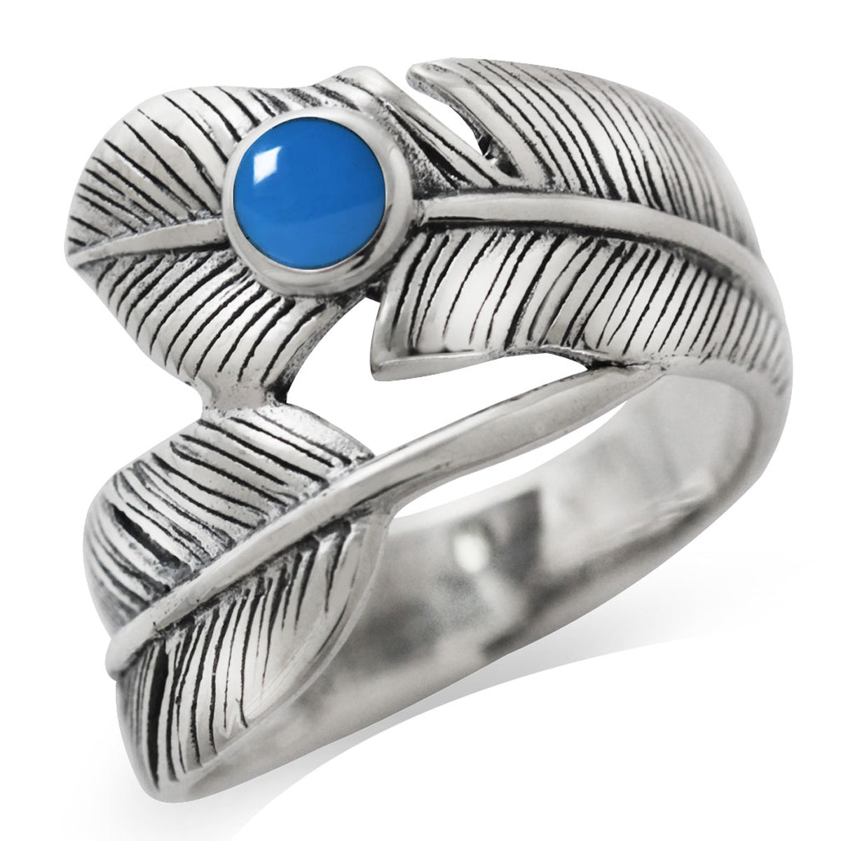 Created Blue Turquoise 925 Sterling Silver Bypass Feather Ring silvershake