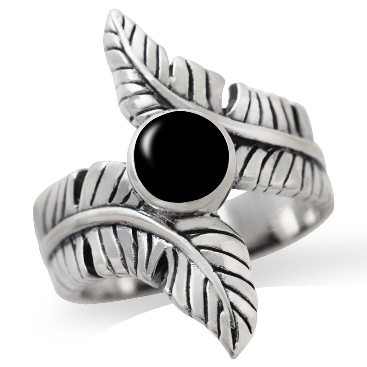 Created Black Onyx 925 Sterling Silver Bypass BANANA LEAF Ring silvershake