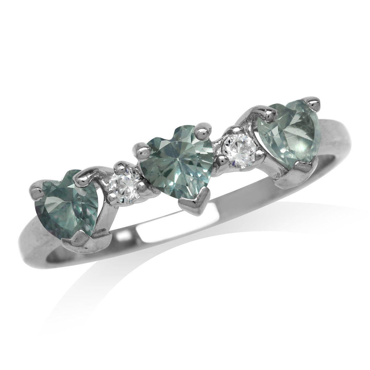3 Stone Heart Shape Simulated Color Change Alexandrite 925 Sterling Silver Ring