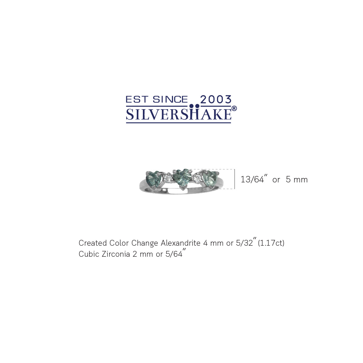3 Stone Heart Shape Simulated Color Change Alexandrite 925 Sterling Silver Ring