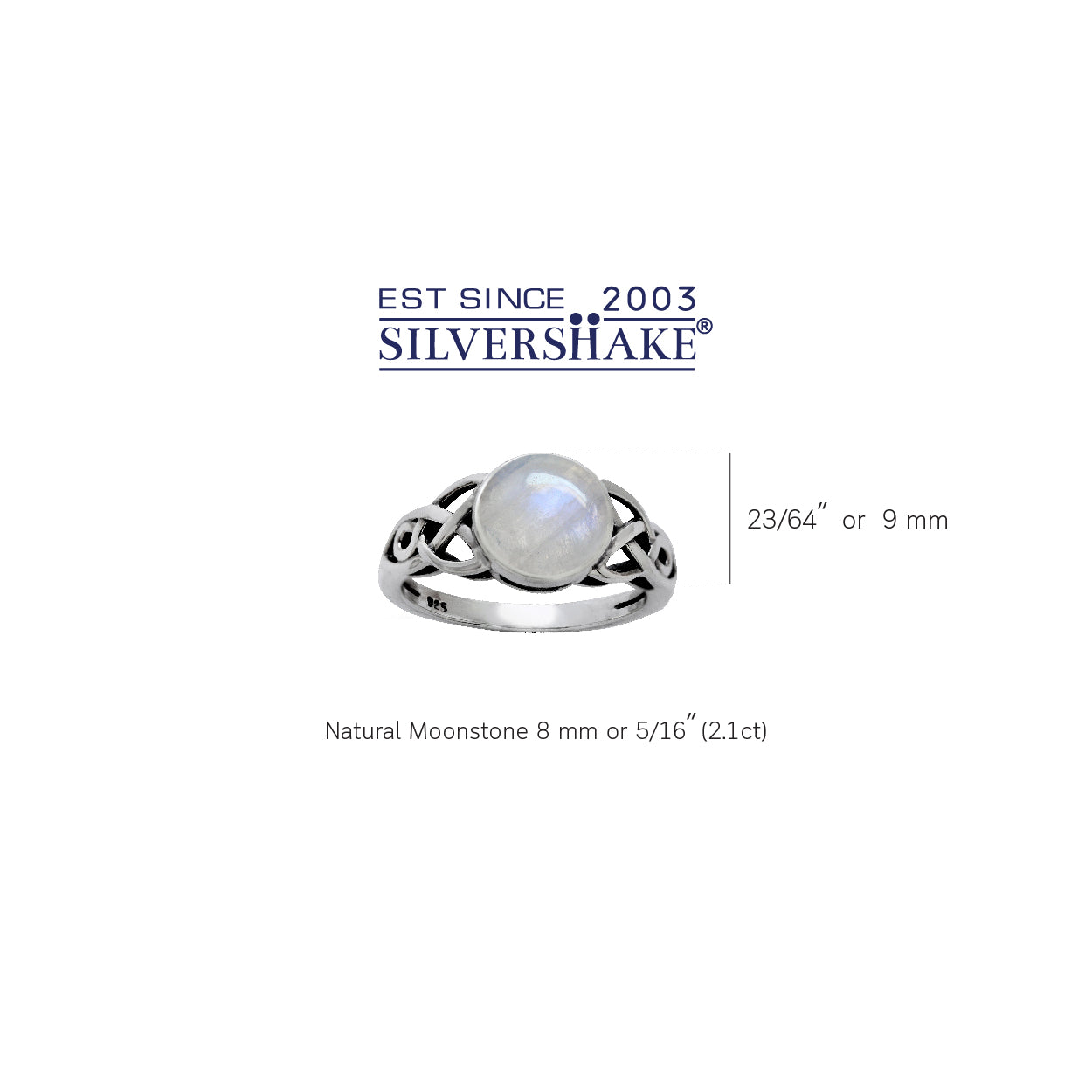 8mm Natural Round Shape Moonstone 925 Sterling Silver Triquetra Celtic Knot Solitaire Ring - Silvershake-store