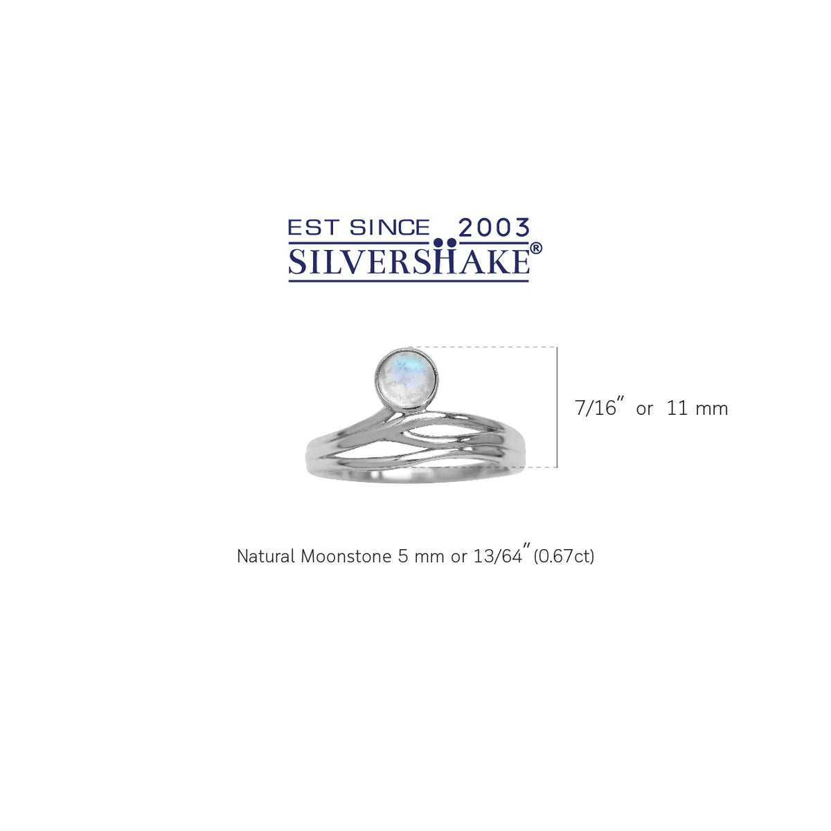 5MM Natural Round Shape Moonstone 925 Sterling Silver Minimalist Modern Wavy Ring silvershake