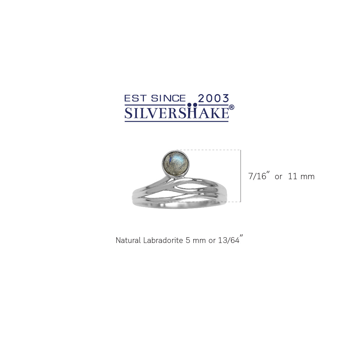 5MM Round Shape Labradorite 925 Sterling Silver Minimalist Modern Wavy Ring