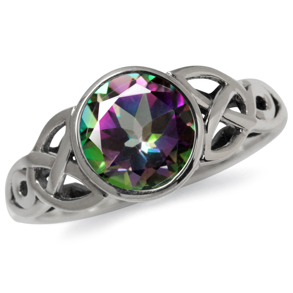 2.16ct. 8mm Round Shape Mystic Fire Topaz 925 Sterling Silver Triquetra Celtic Knot Solitaire Ring - Silvershake-store