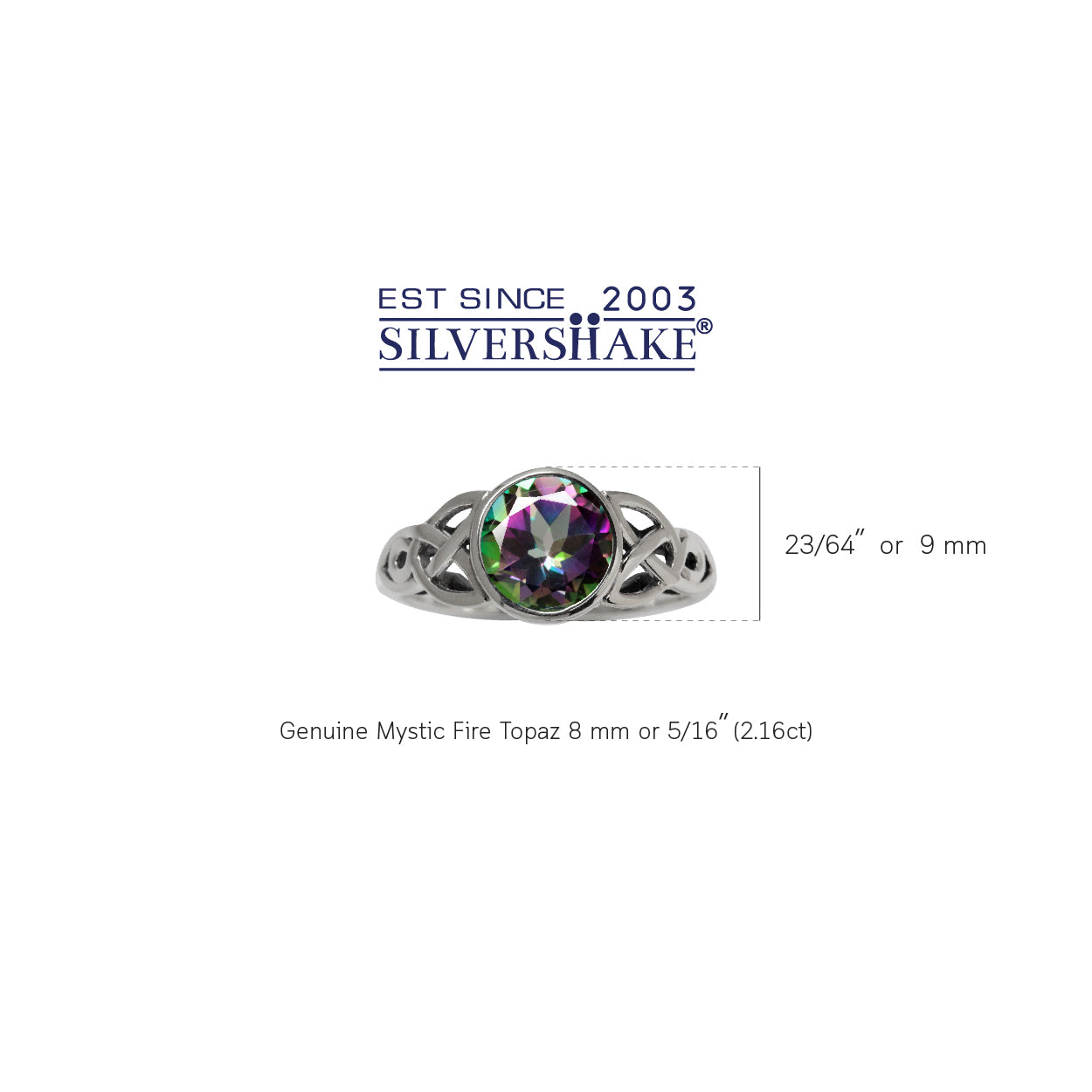 2.16ct. 8mm Round Shape Mystic Fire Topaz 925 Sterling Silver Triquetra Celtic Knot Solitaire Ring - Silvershake-store