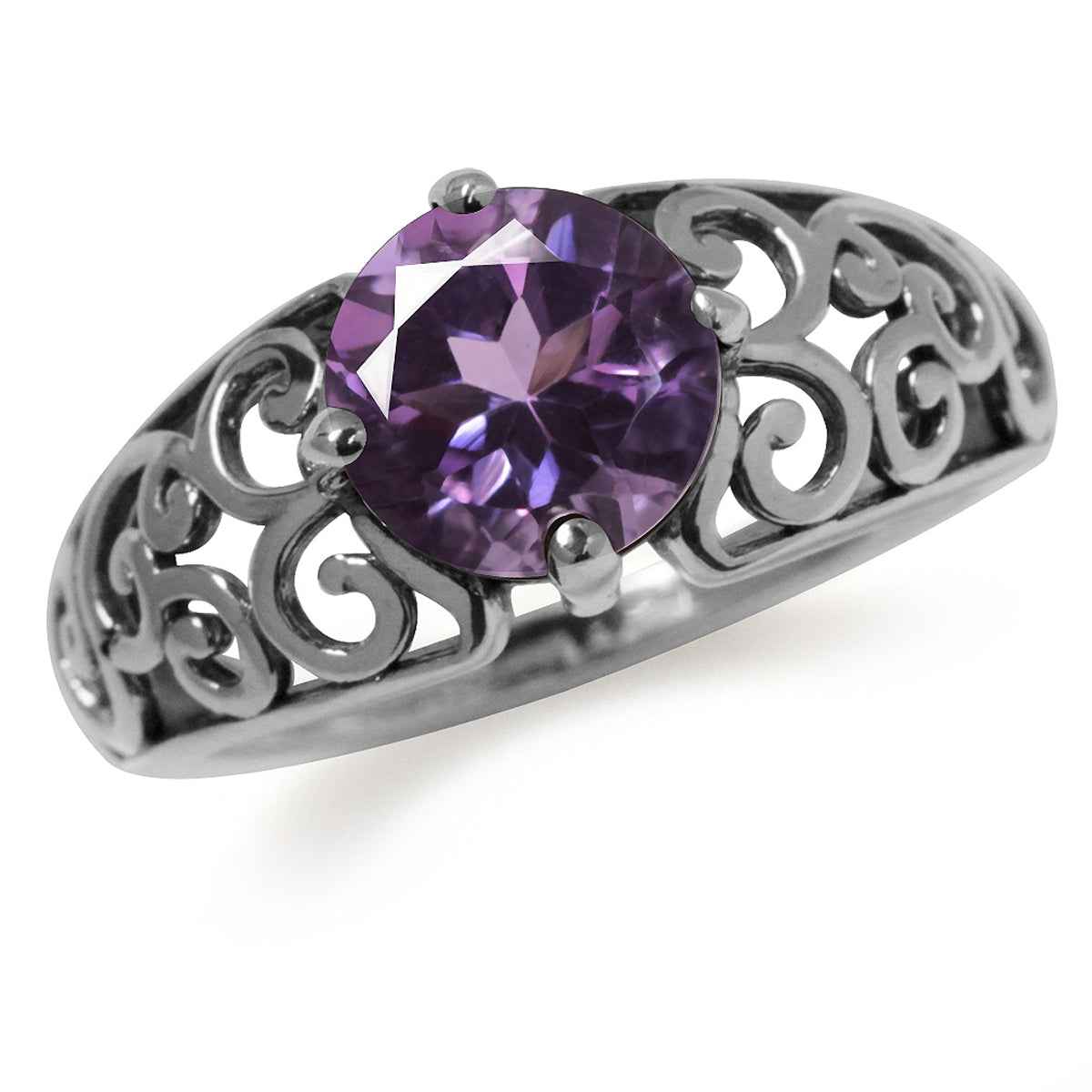 1.66ct. Natural Amethyst 925 Sterling Silver Filigree Swirl and Spiral Ring