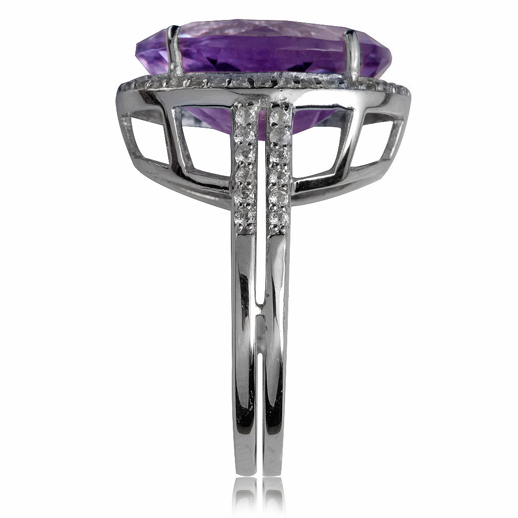 Huge 8.09ct. 16X12mm Natural Oval Shape Amethyst and White Topaz 925 Sterling Silver Ring - Silvershake-store