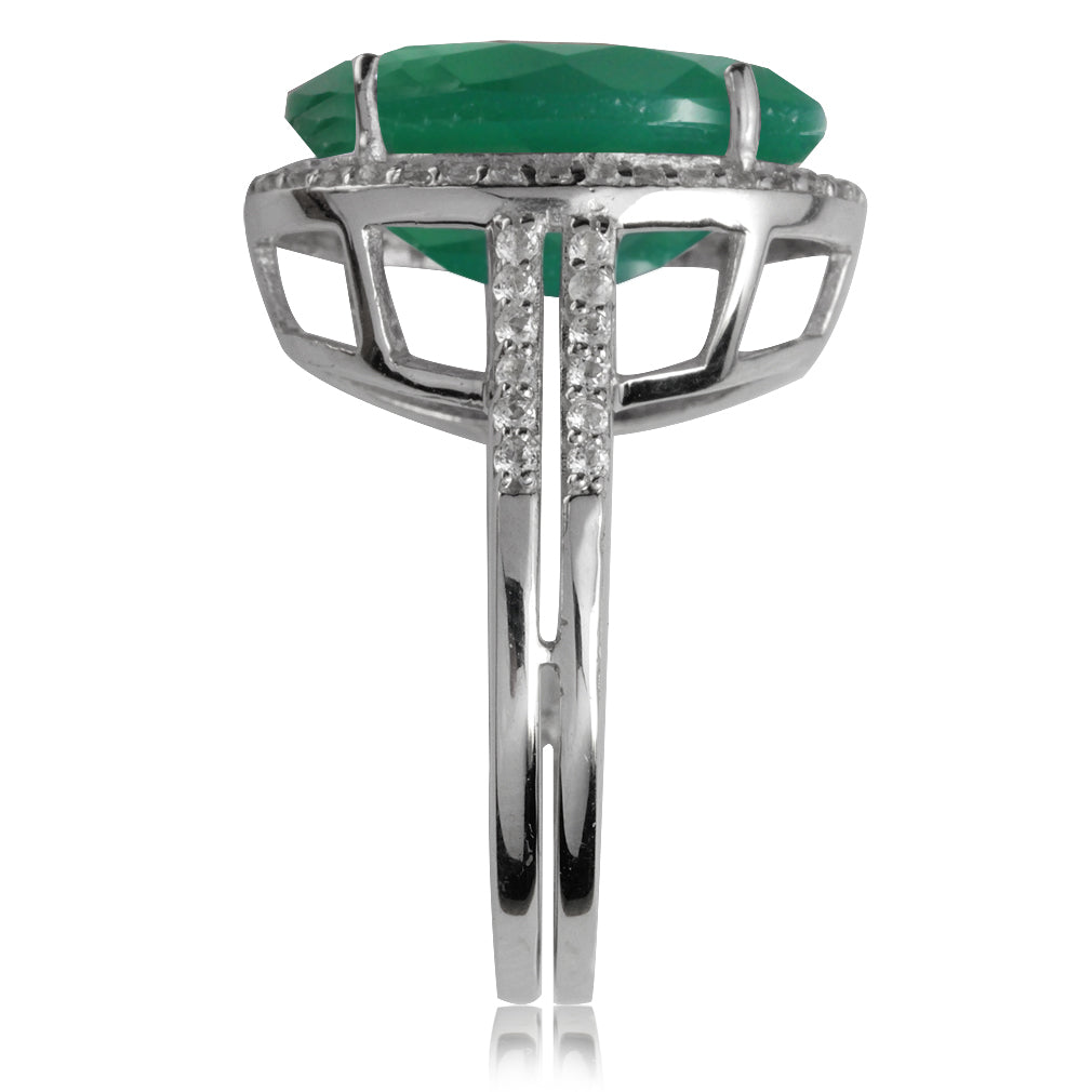 Huge 7.78ct. Natural Emerald Green Agate and Topaz White Gold Plated 925 Sterling Silver Ring - Silvershake-store