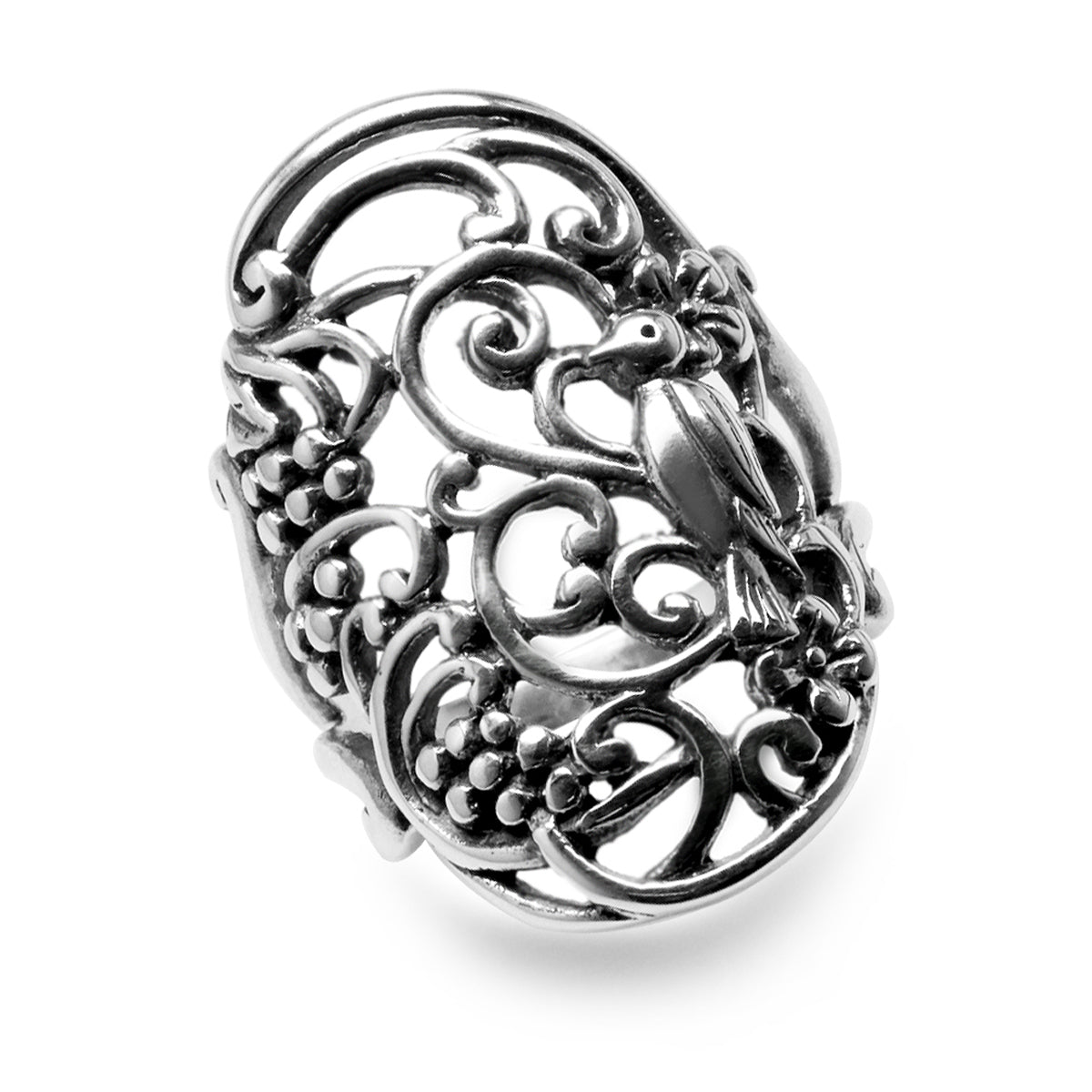 31MM 925 Sterling Silver BIRD in a TREE Filigree Ring