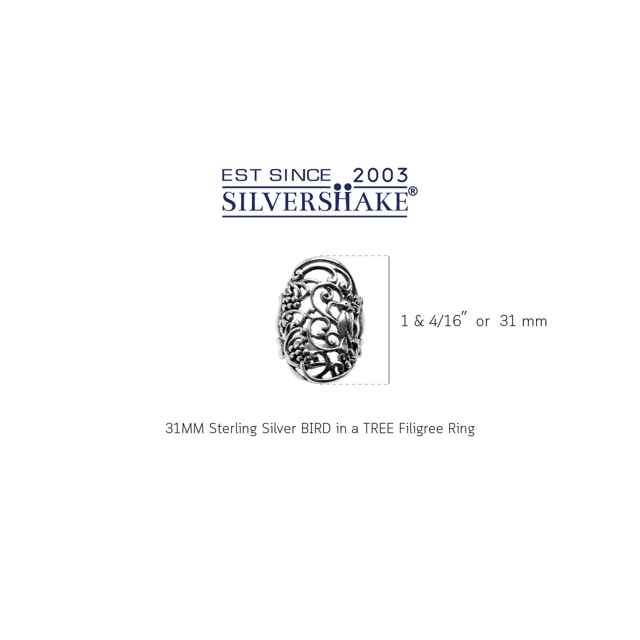 31MM 925 Sterling Silver BIRD in a TREE Filigree Ring