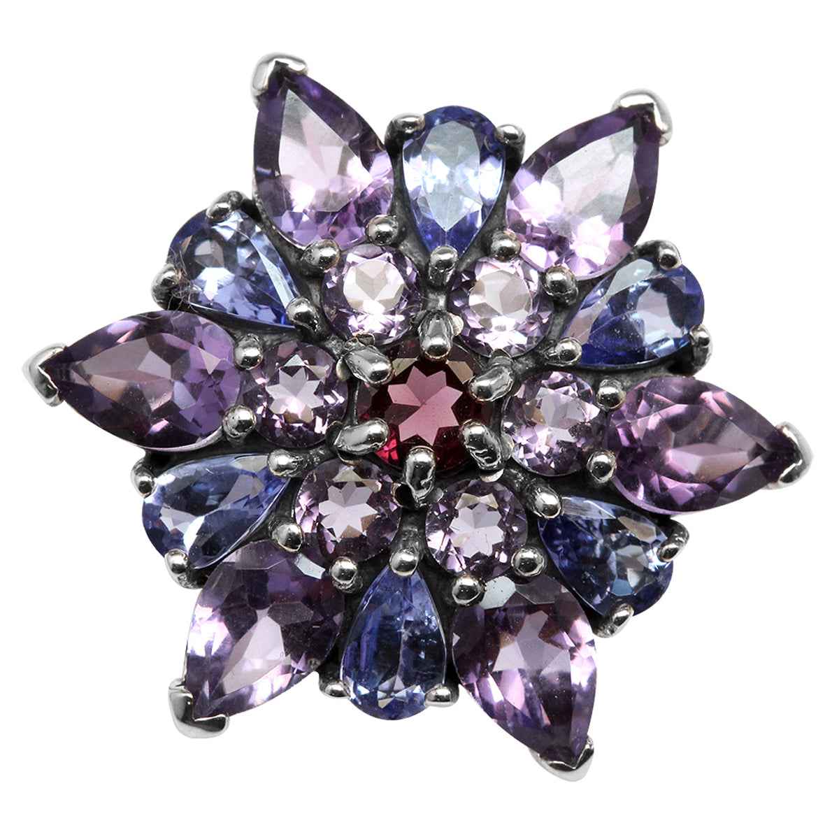 2.88ct. Genuine Amethyst and Tanzanite 925 Sterling Silver Flower Cluster Cocktail Ring