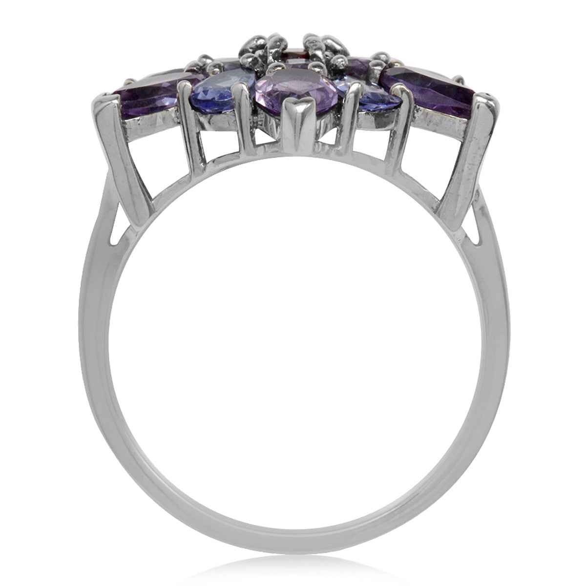 2.88ct. Genuine Amethyst and Tanzanite 925 Sterling Silver Flower Cluster Cocktail Ring
