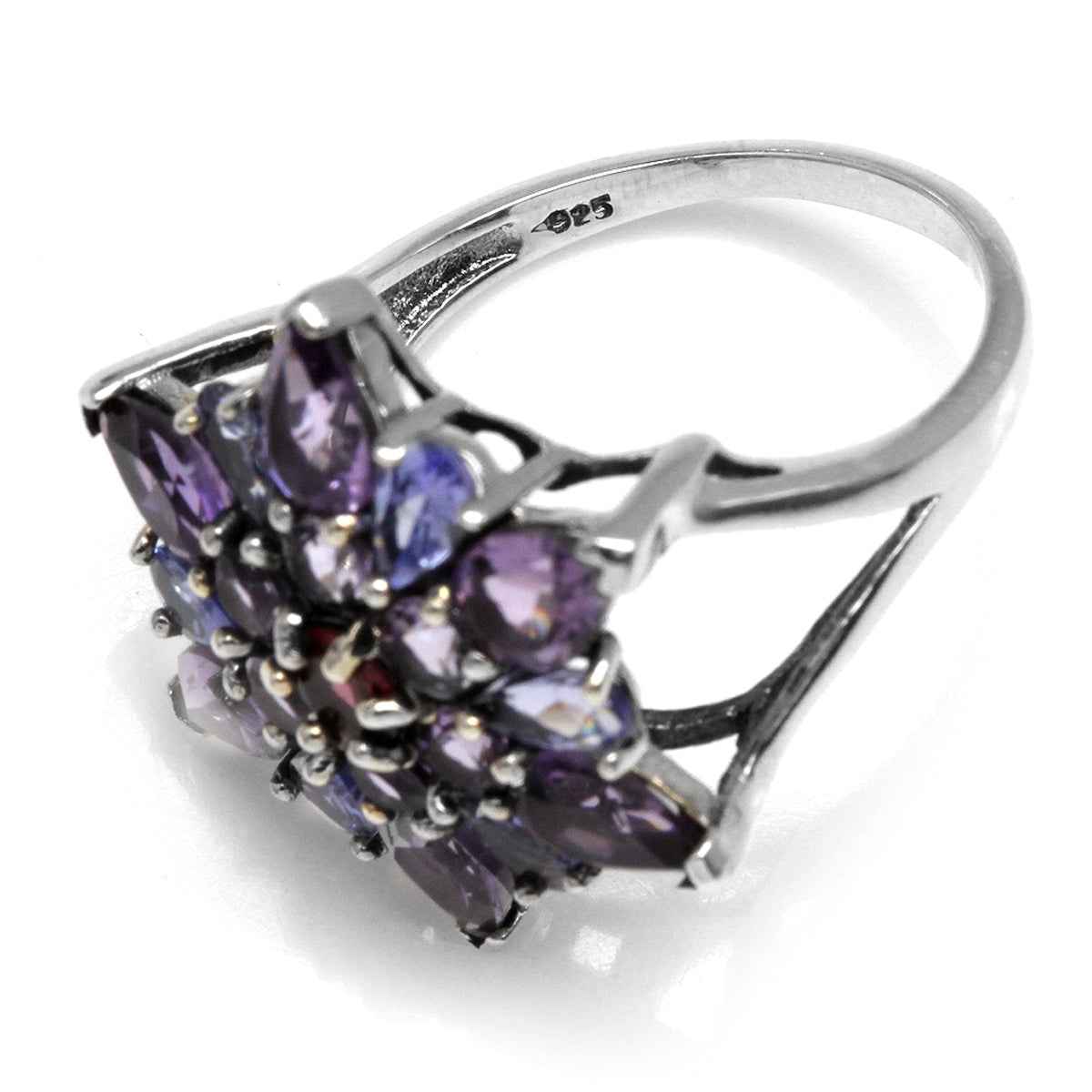 2.88ct. Genuine Amethyst and Tanzanite 925 Sterling Silver Flower Cluster Cocktail Ring