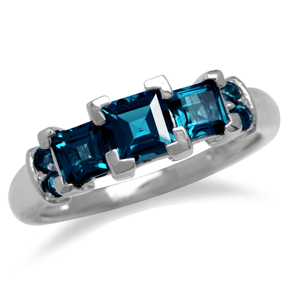 1.76ct. 3 Stone Genuine Square Shape London Blue Topaz White Gold Plated 925 Sterling Silver Ring - Silvershake-store
