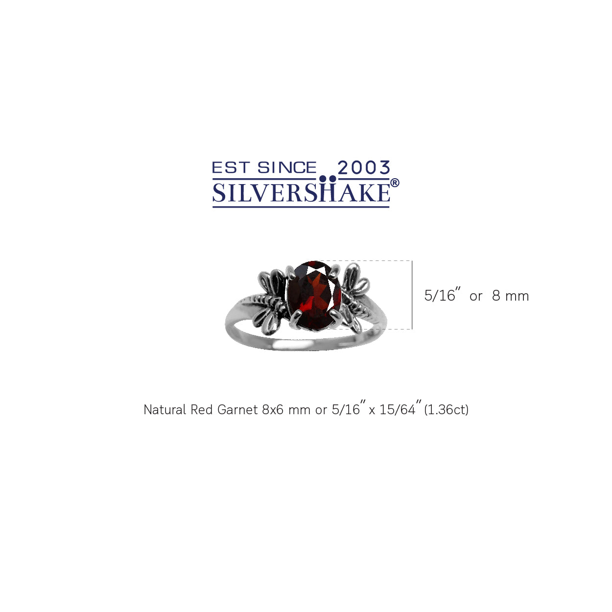 1.36 CTW 8X6mm Natural Oval Shape Red Garnet 925 Sterling Silver Dragonfly Solitaire Ring January Gemstone Birthstone