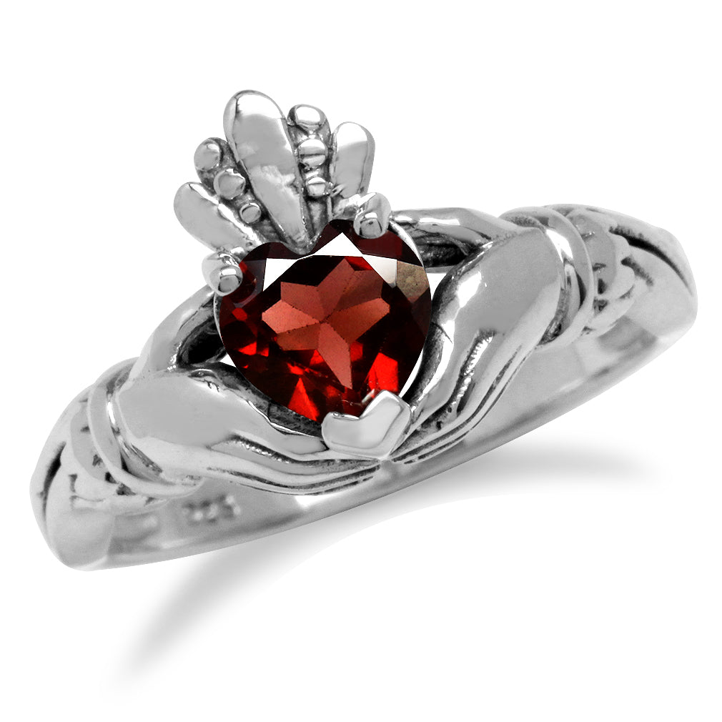 Natural Heart Shape Garnet Irish Celtic Claddagh 925 Sterling Silver Ring - Silvershake-store