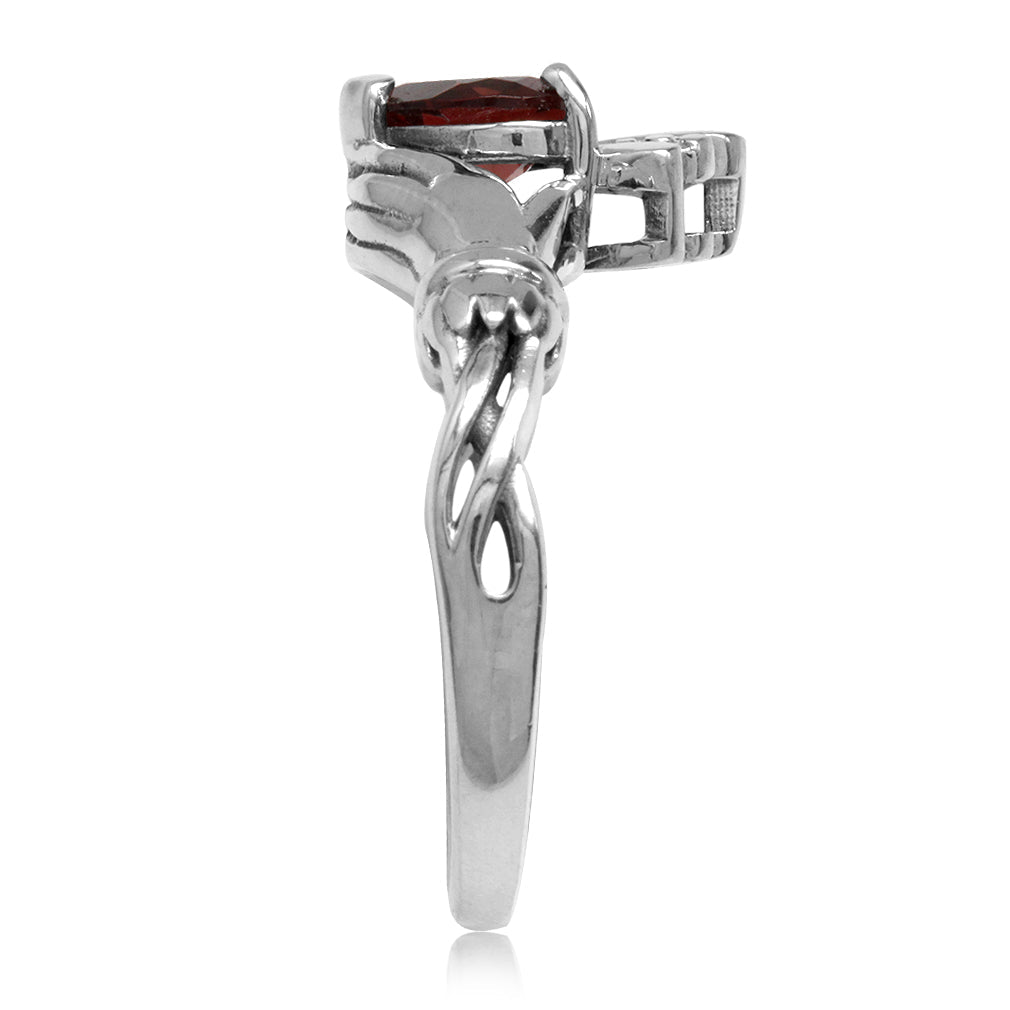 Natural Heart Shape Garnet Irish Celtic Claddagh 925 Sterling Silver Ring - Silvershake-store
