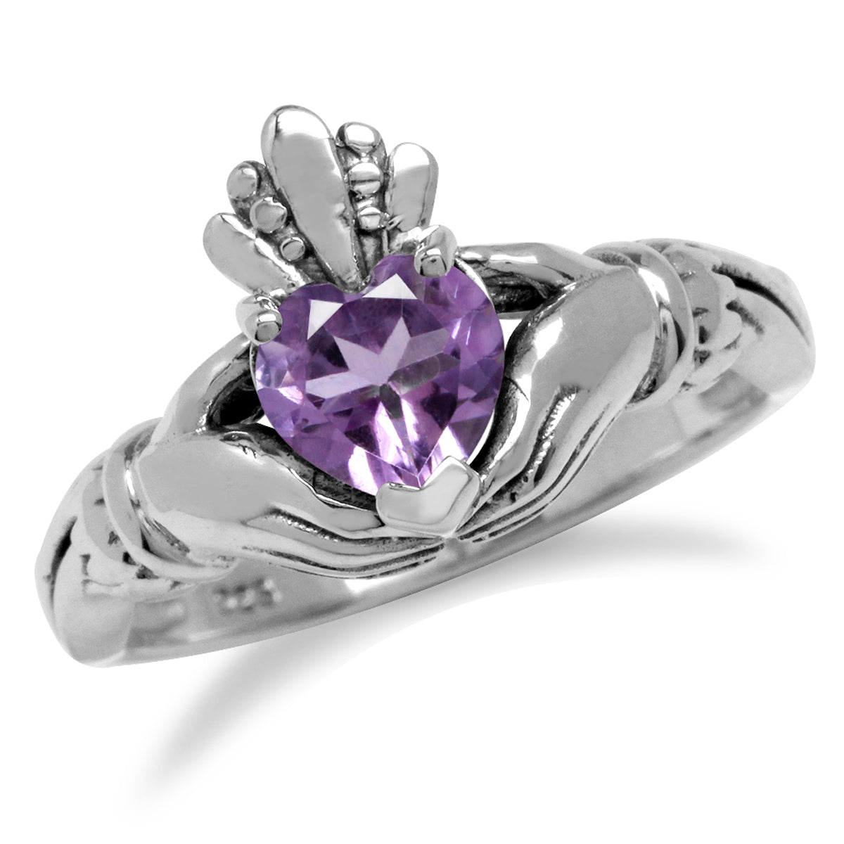 Natural Heart Shape Amethyst Irish Claddagh 925 Sterling Silver Ring silvershake