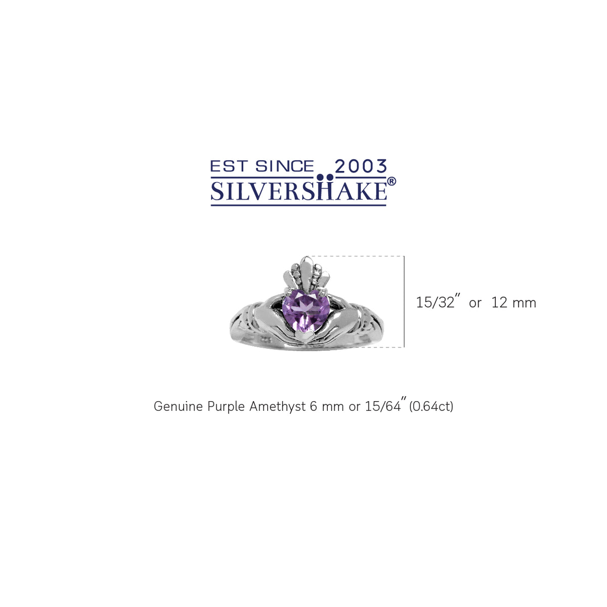 Natural Heart Shape Amethyst Irish Claddagh 925 Sterling Silver Ring silvershake