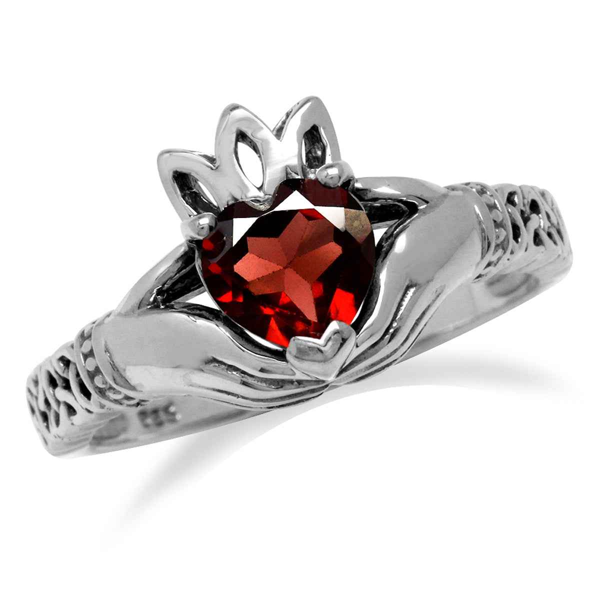 Natural Heart Shape Garnet 925 Sterling Silver Irish Claddagh and Triquetra Celtic Knot Ring