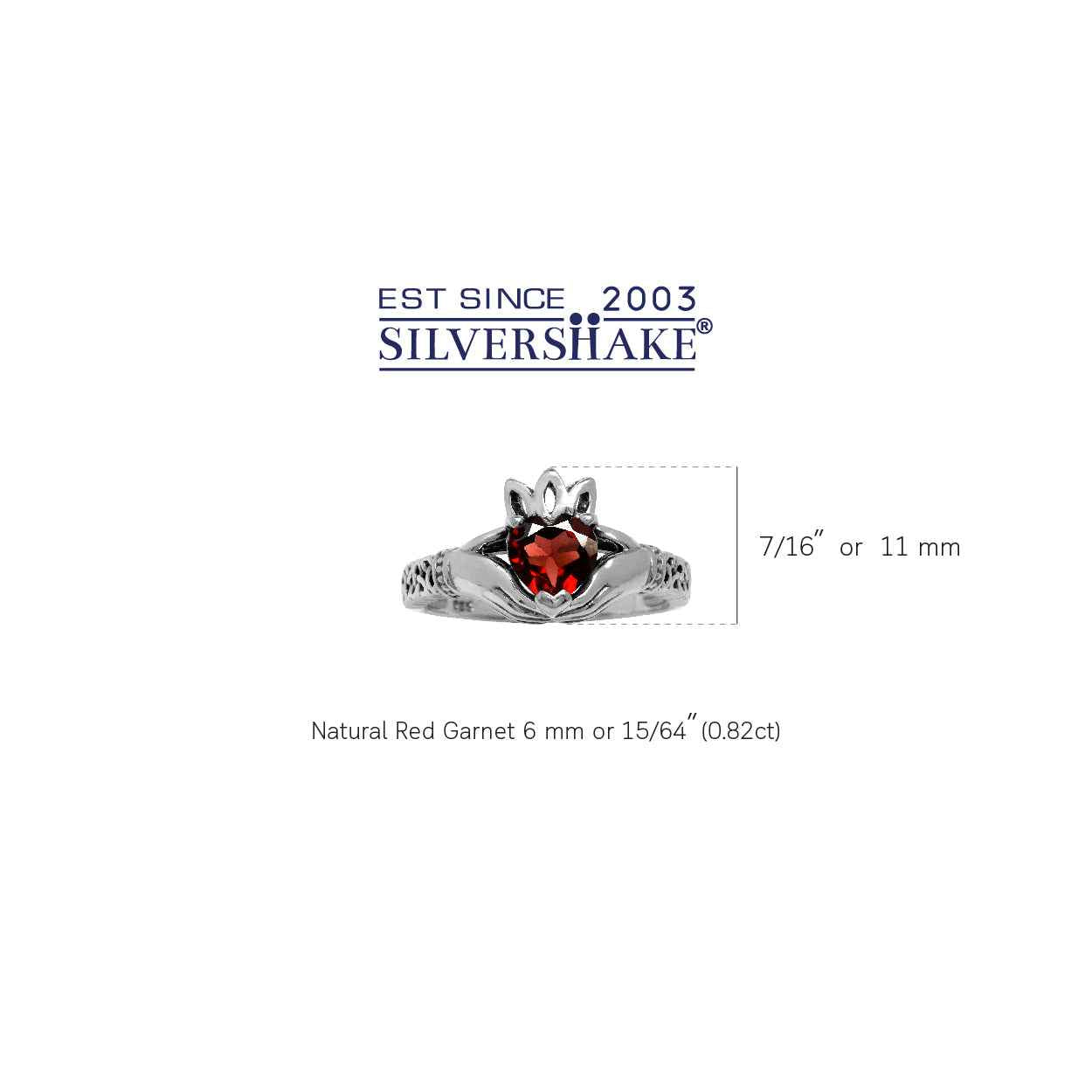 Natural Heart Shape Garnet 925 Sterling Silver Irish Claddagh and Triquetra Celtic Knot Ring