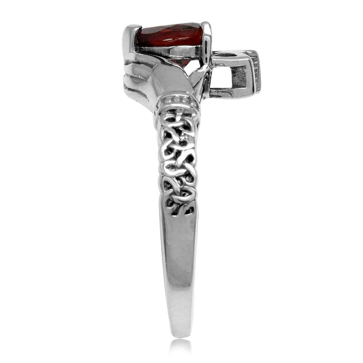 Natural Heart Shape Garnet 925 Sterling Silver Irish Claddagh and Triquetra Celtic Knot Ring